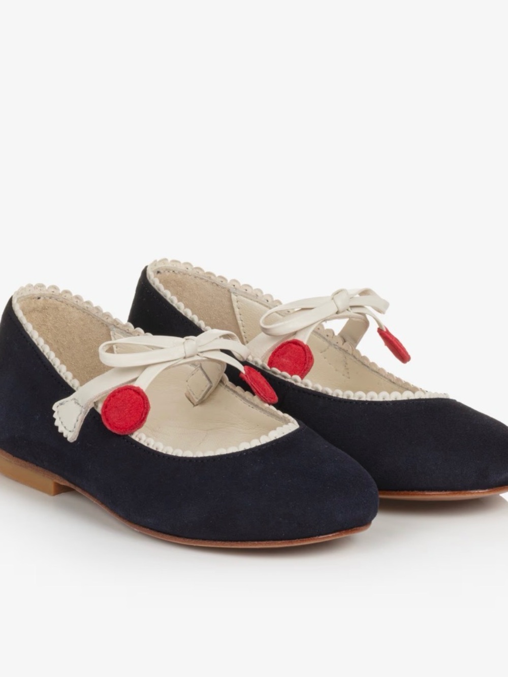 Navy Suede Bonpoint Mary Jane Flats with cherry.   Elastic band across foot.